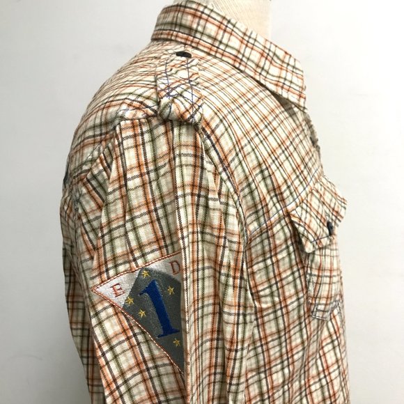 ED HARDY embroidered tattoo eagle tan cotton plaid work shirt jacket M